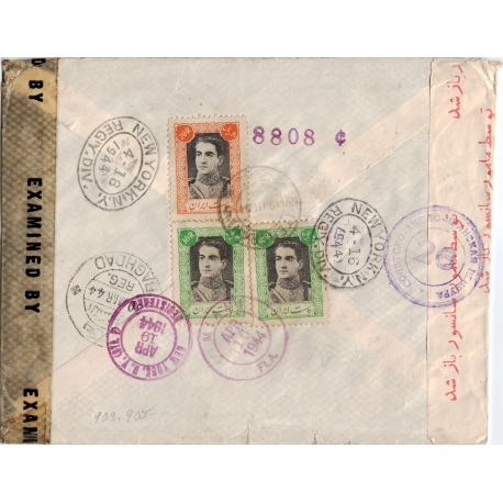 1944 Censored Airmail cover from Tehran to USA ERROR in Lable