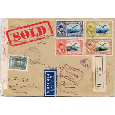 1944 Censored Registered Airmail from Tehran to Swiss