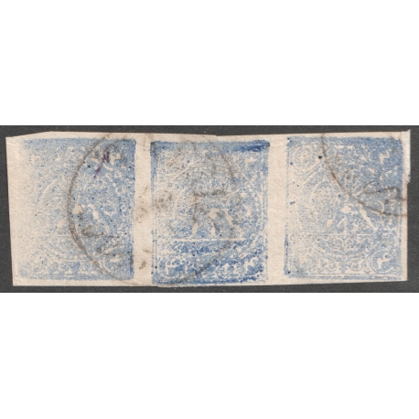 4 Kran pale ultramarine, strip of three ACD, Certificate by IPSC